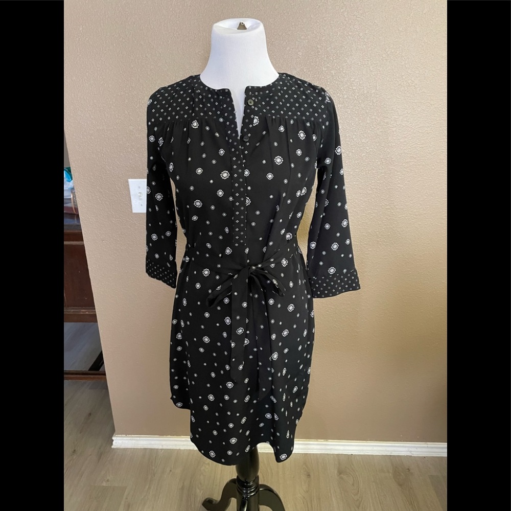 Loft Black dress white polka dot floral design button down to bust size XS